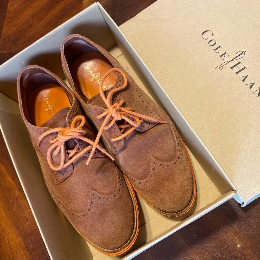 Cole Haan Brown Suede Wingtip Loafers with Tan Laces